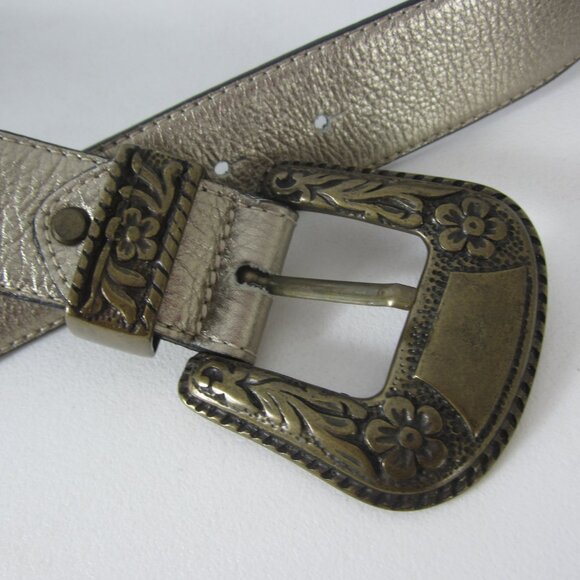 NEW Blugaya Womens XL Gold Leather Statement Belt Brass Floral Buckle Italy - Picture 12 of 14